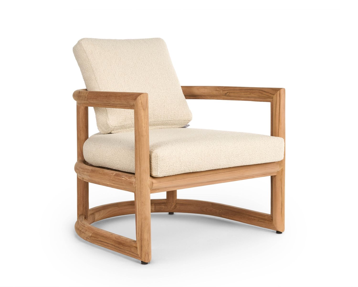Poltrona da giardino avvolgente "Alizé" in teak massiccio con cuscini in bouclé color écru