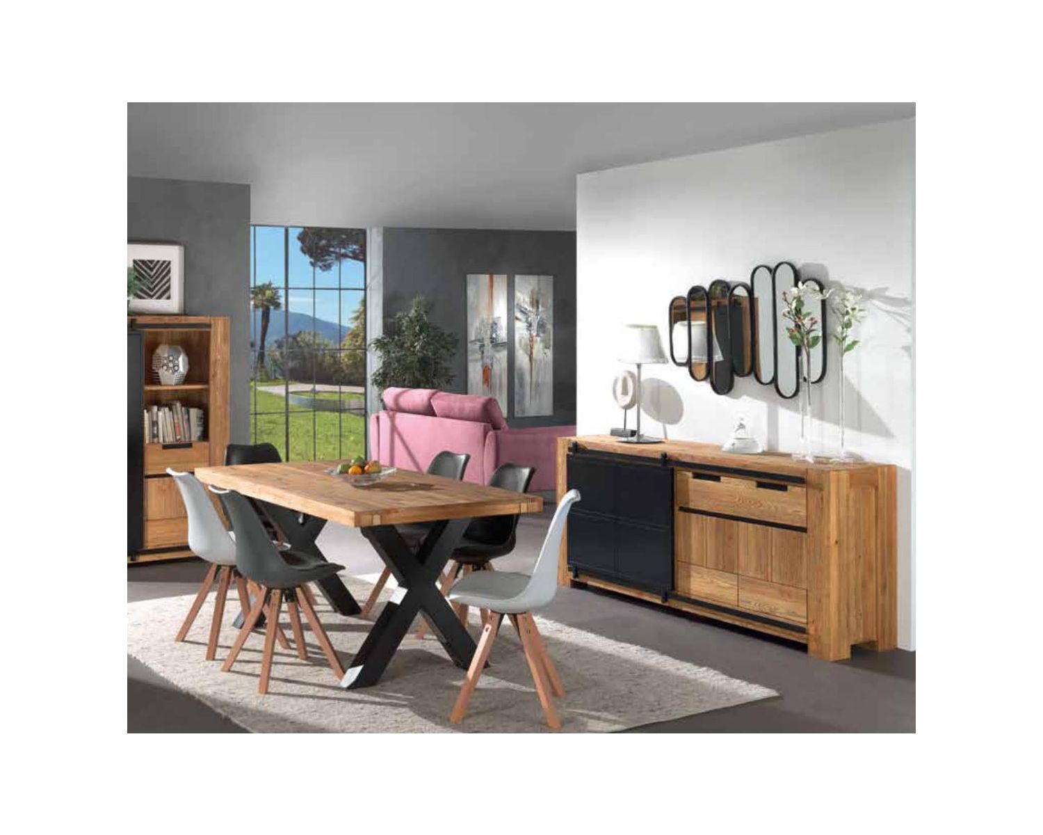 Credenza "Cooper" in pino massiccio con porta scorrevole industriale 200 cm