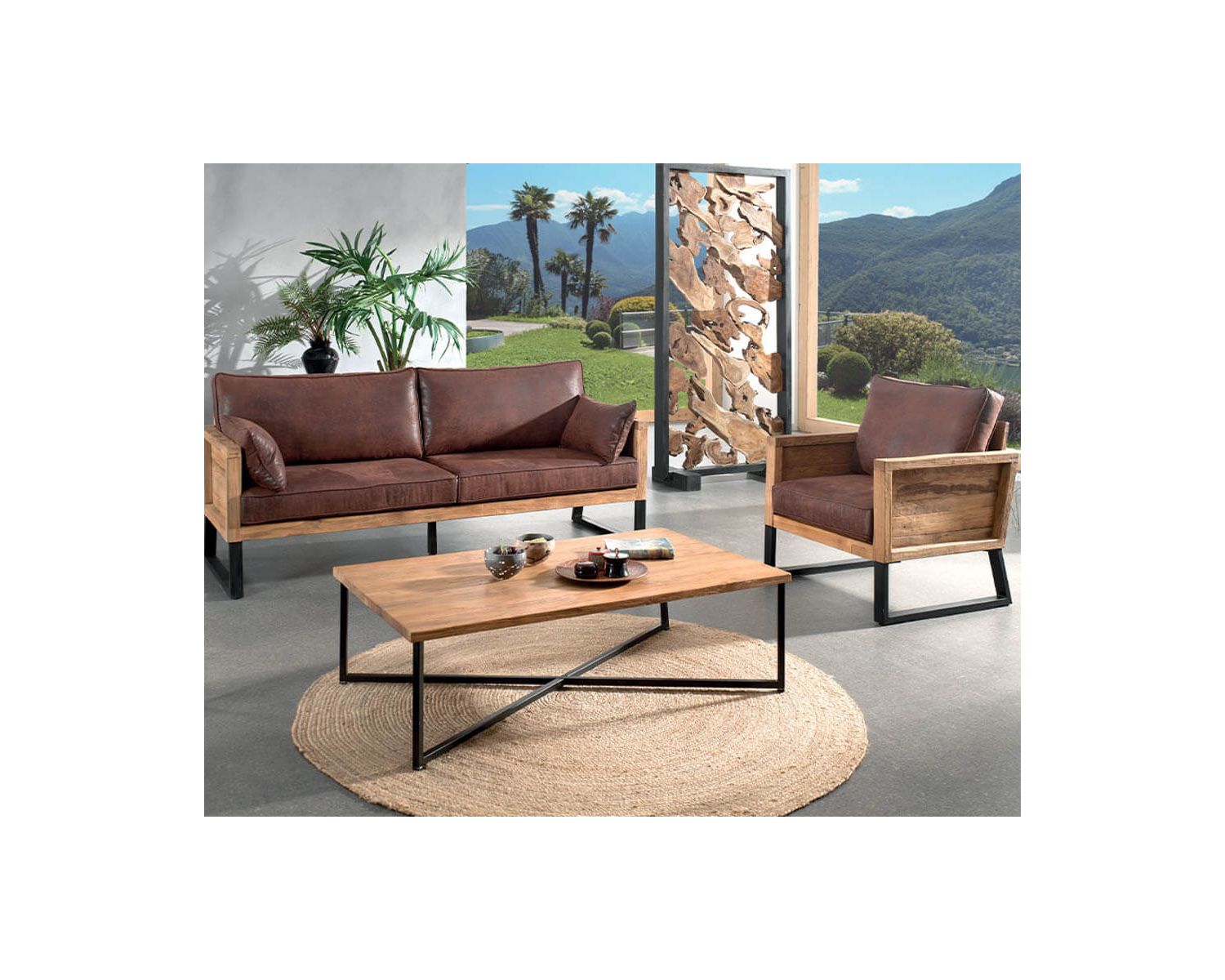 Divano 2 persone "Roster" in legno di teak e tessuto in similpelle