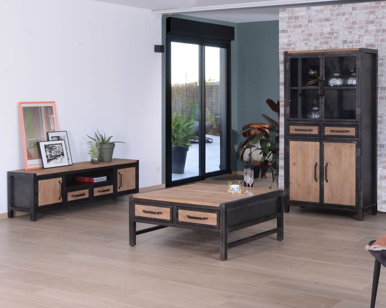 Porta tv Saturn" 180 cm in legno massiccio di mango e metallo industriale