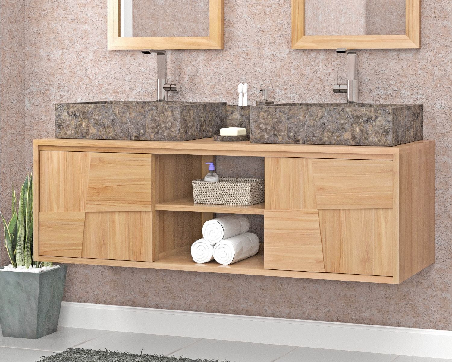 Mobiletto sospeso in teak "Tao" con ante scorrevoli 140 cm