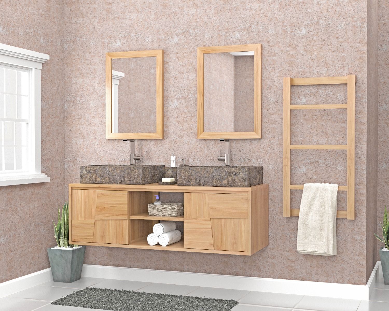 Mobiletto sospeso in teak "Tao" con ante scorrevoli 140 cm