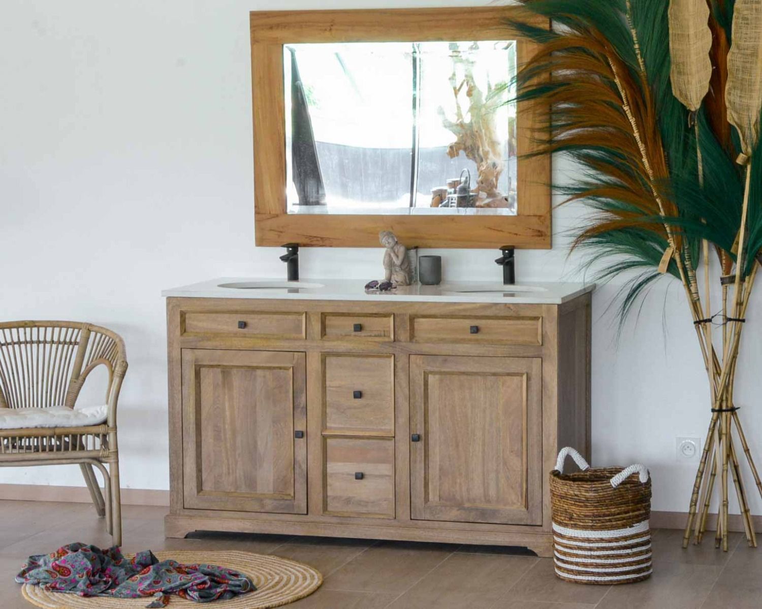 Mobiletto da bagno a 2 vasche "Elegance" in quarzo bianco e mango