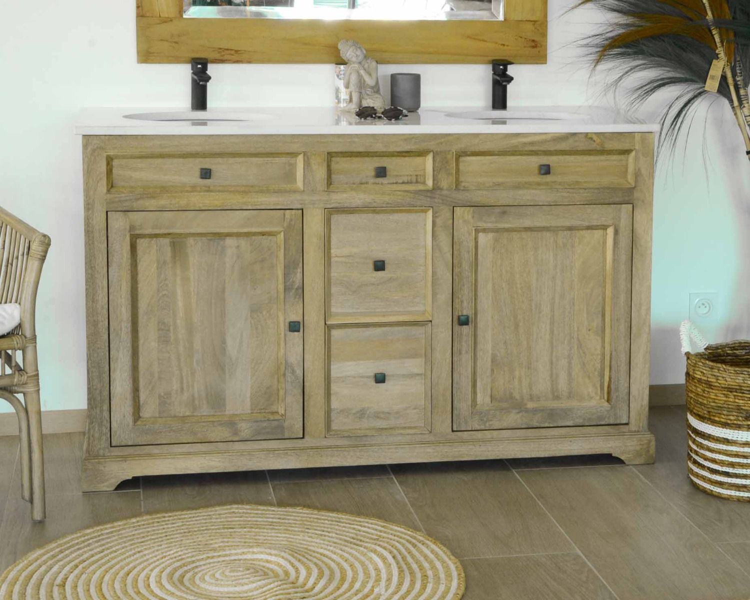 Mobiletto da bagno a 2 vasche "Elegance" in quarzo bianco e mango