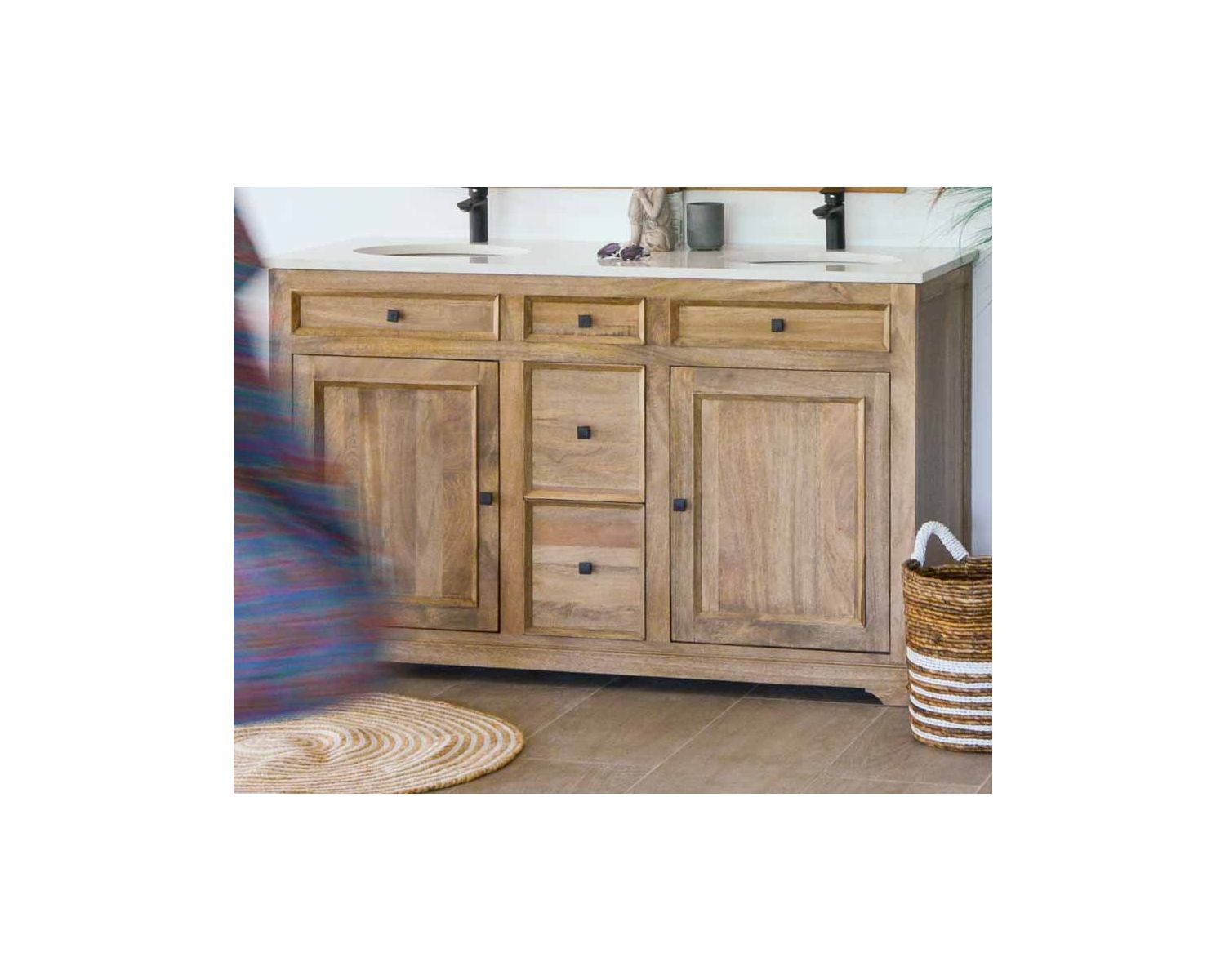 Mobiletto da bagno a 2 vasche "Elegance" in quarzo bianco e mango