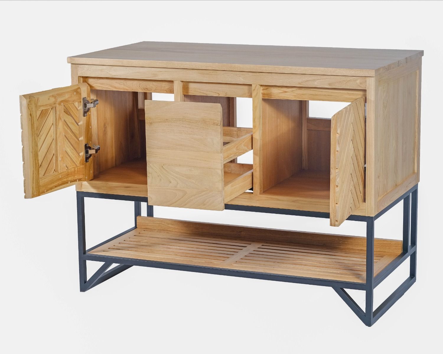 Mobiletto in teak "Cali" da 105 cm con gambe e ripiano in metallo