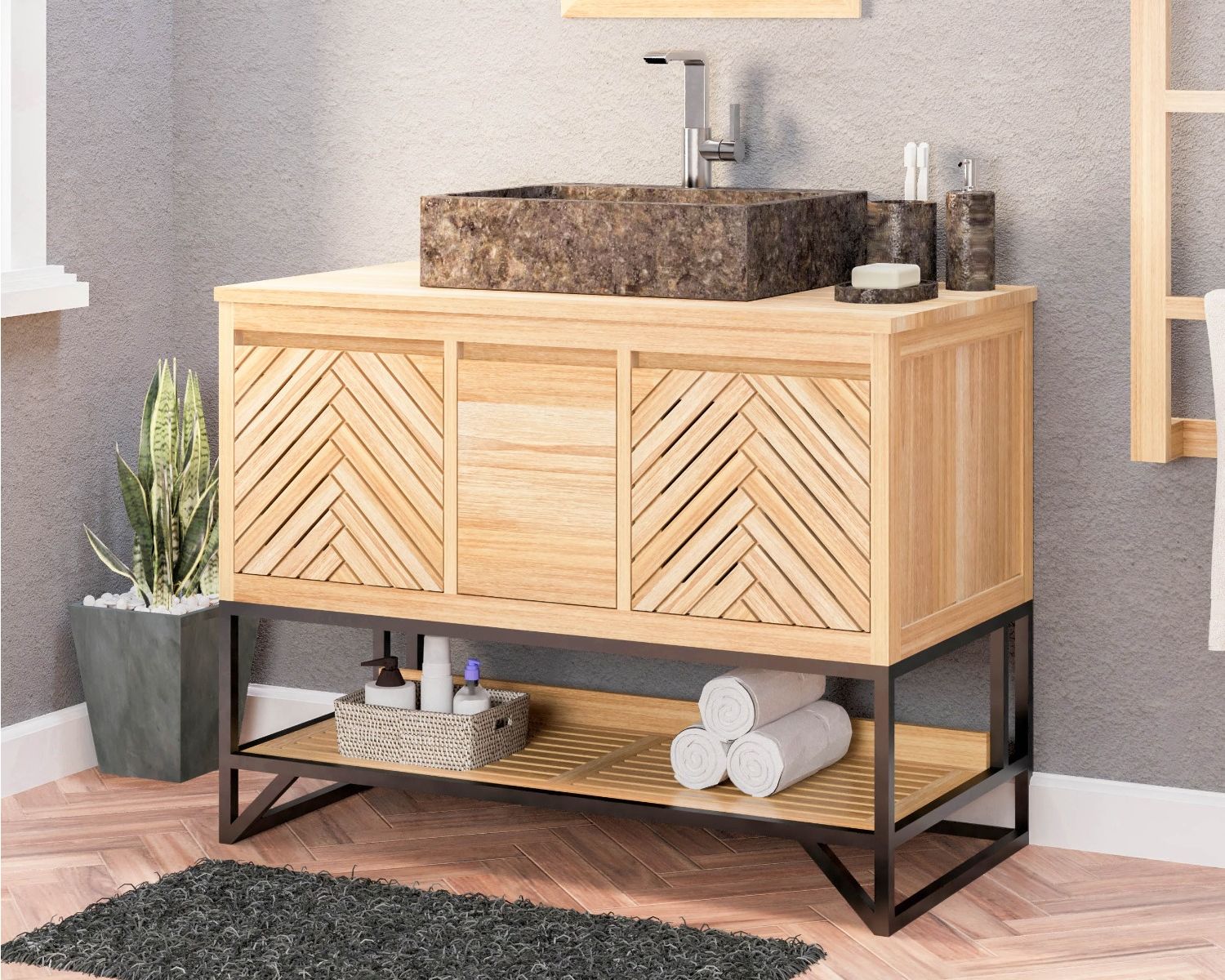 Mobiletto in teak "Cali" da 105 cm con gambe e ripiano in metallo