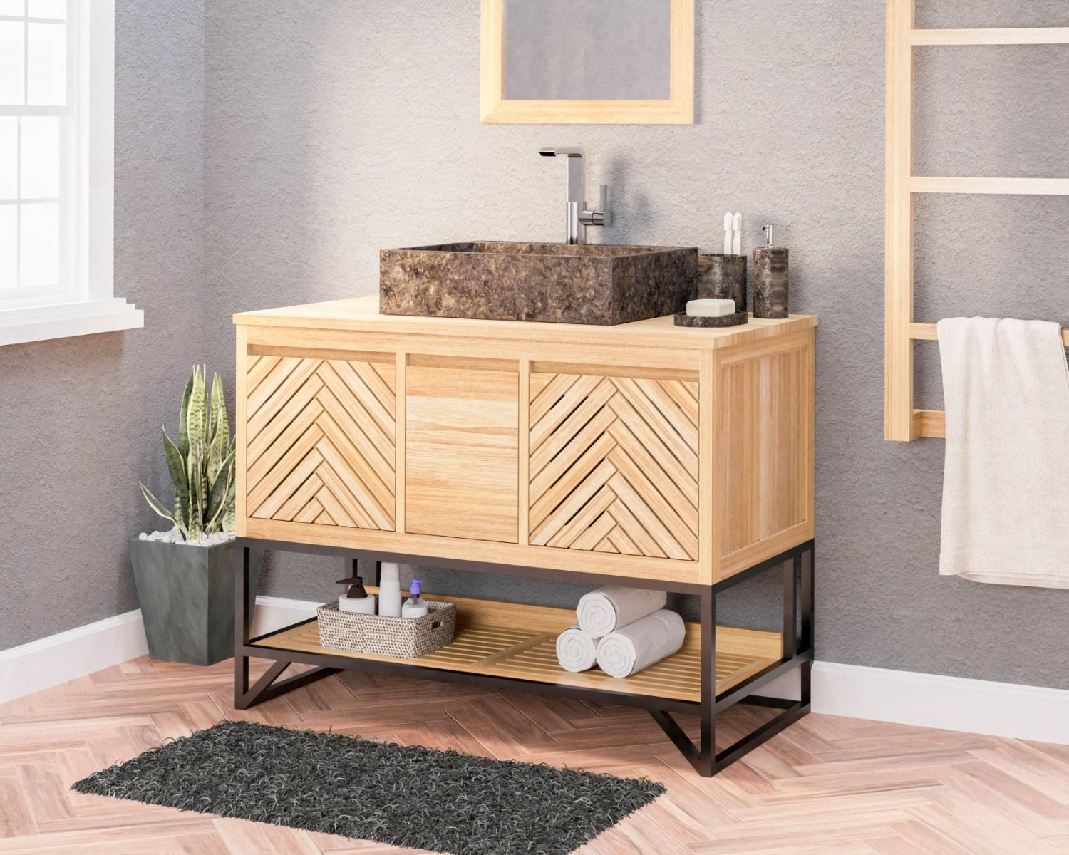 Mobiletto in teak "Cali" da 105 cm con gambe e ripiano in metallo