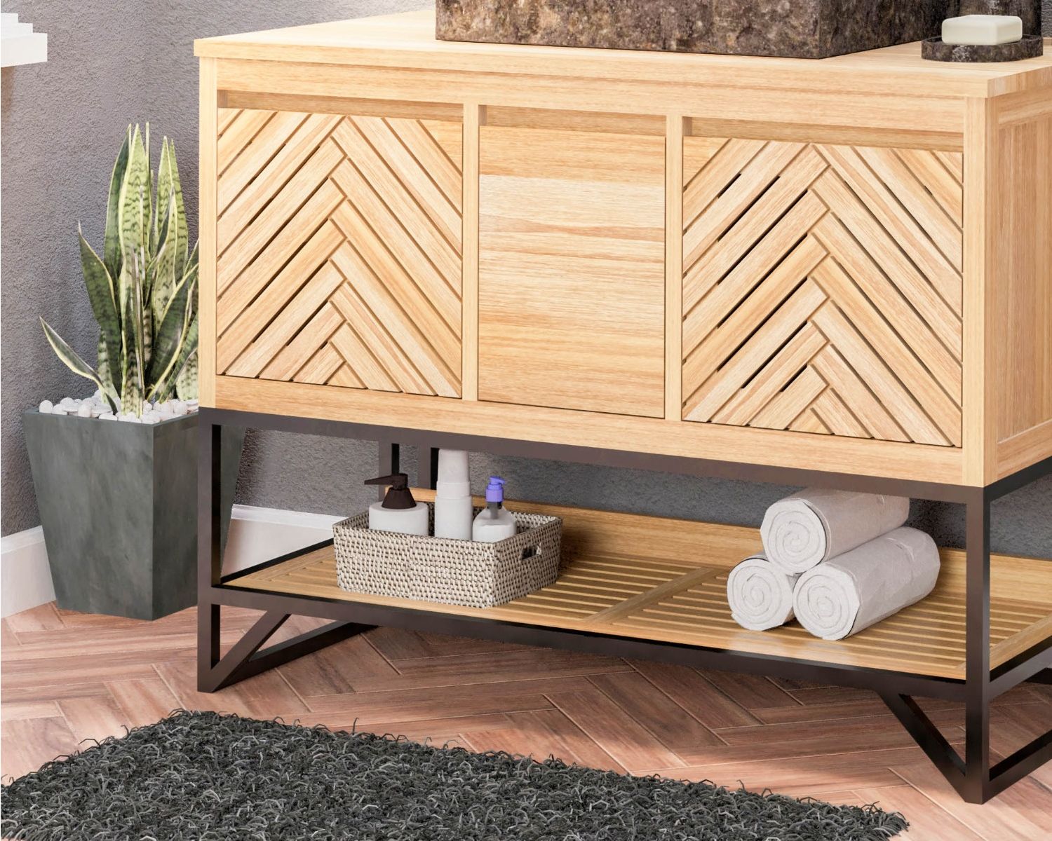 Mobiletto in teak "Cali" da 105 cm con gambe e ripiano in metallo