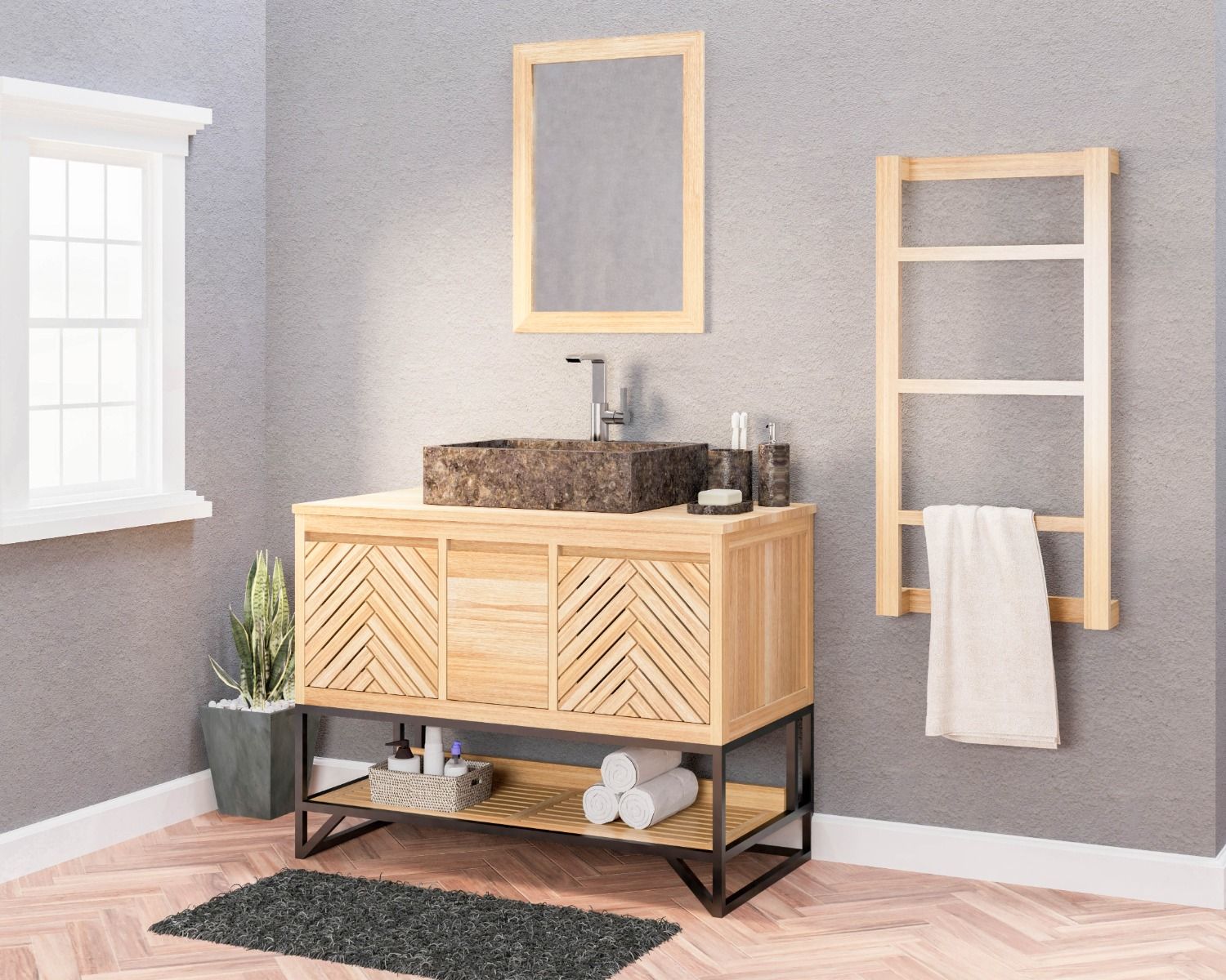 Mobiletto in teak "Cali" da 105 cm con gambe e ripiano in metallo