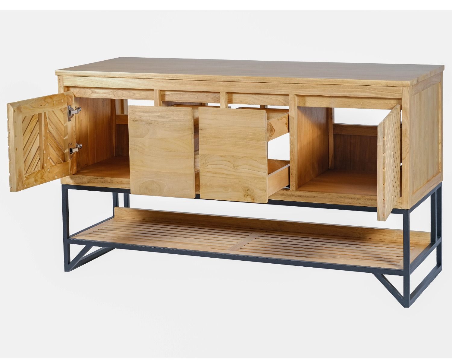 Mobiletto in teak "Cali" con gambe in metallo e ripiano 140 cm