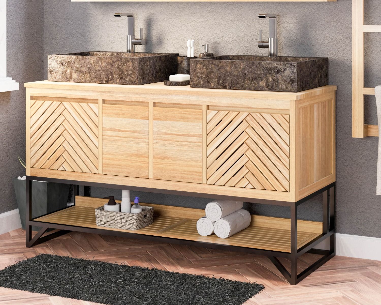 Mobiletto in teak "Cali" con gambe in metallo e ripiano 140 cm