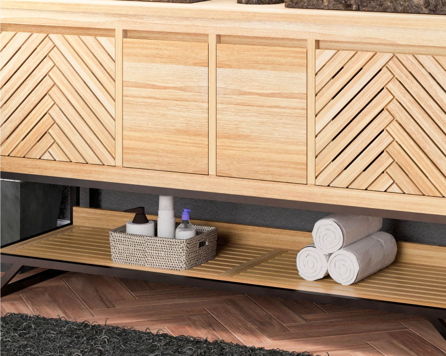 Mobiletto in teak "Cali" con gambe in metallo e ripiano 140 cm