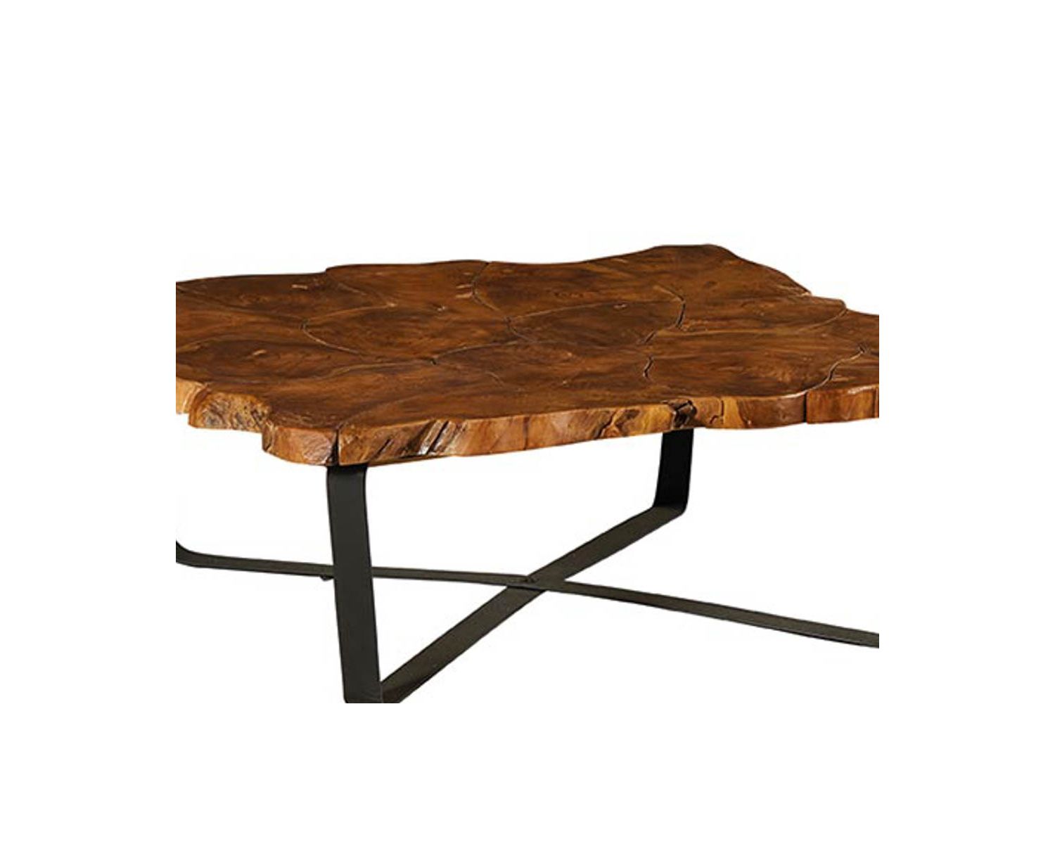 Tavolino quadrato "Palaos" con piano in teak di recupero e gambe in metallo incrociate