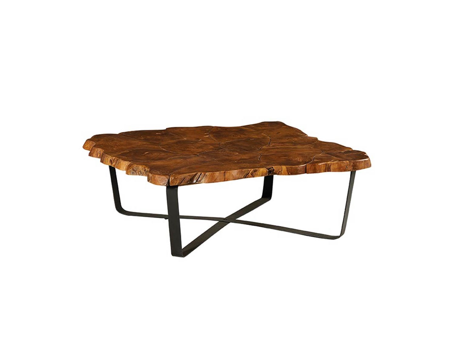 Tavolino quadrato "Palaos" con piano in teak di recupero e gambe in metallo incrociate