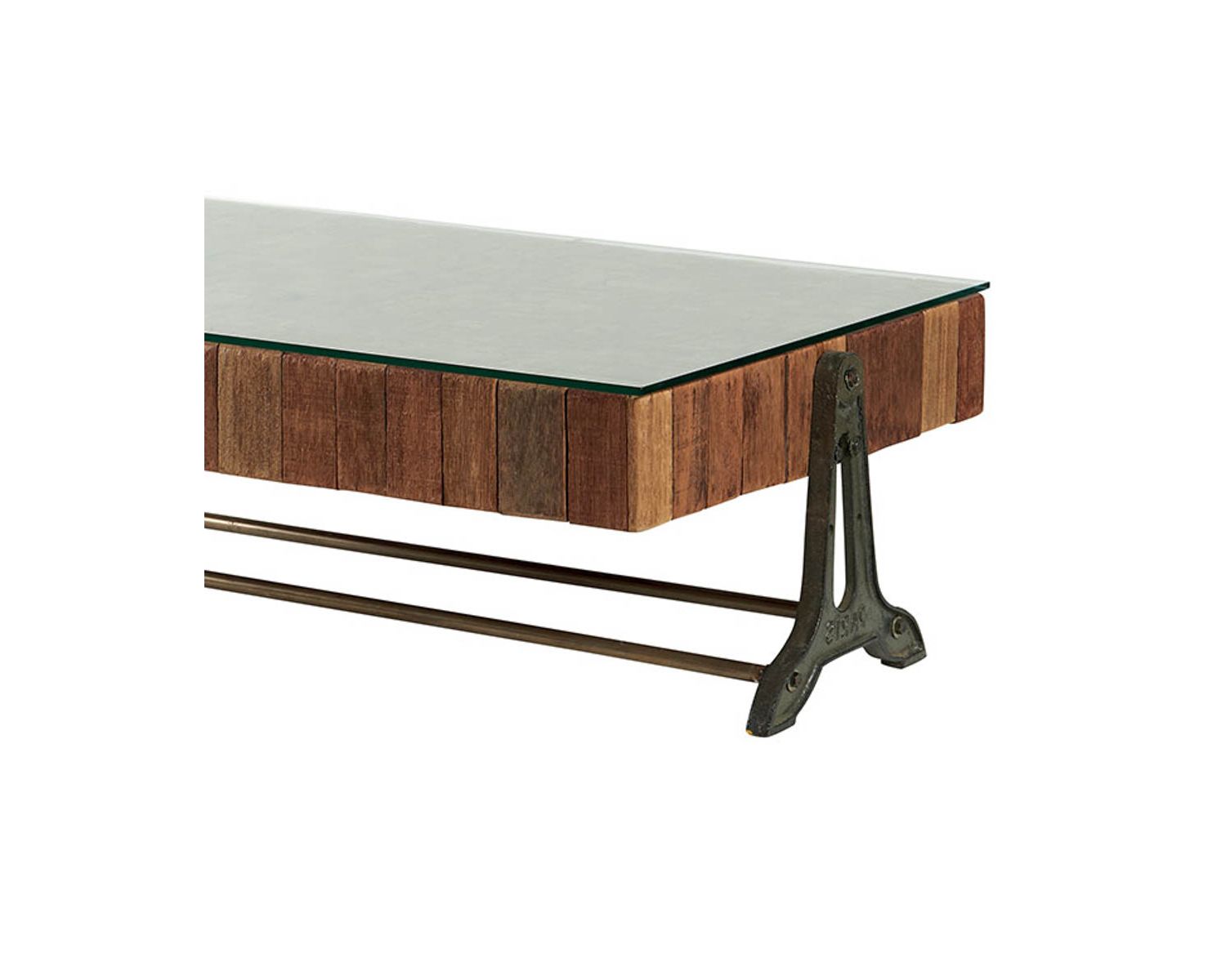 Tavolino "Amki" in teak naturale rigenerato, piano in metallo e vetro