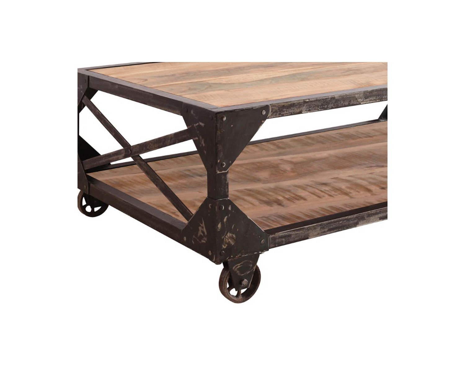 Tavolino industriale "Urban metal" su ruote con doppio piano in legno e metallo