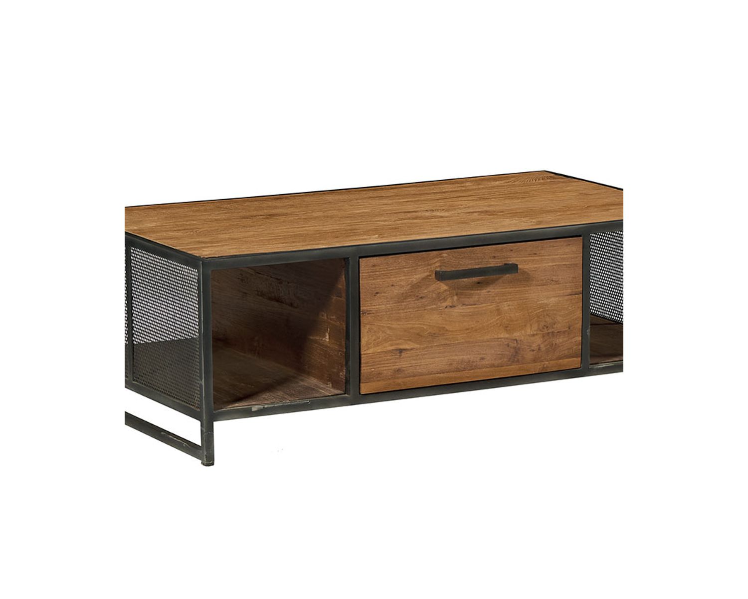 Tavolino da caffè "Athena" in ferro invecchiato e teak di recupero dall'aspetto industriale