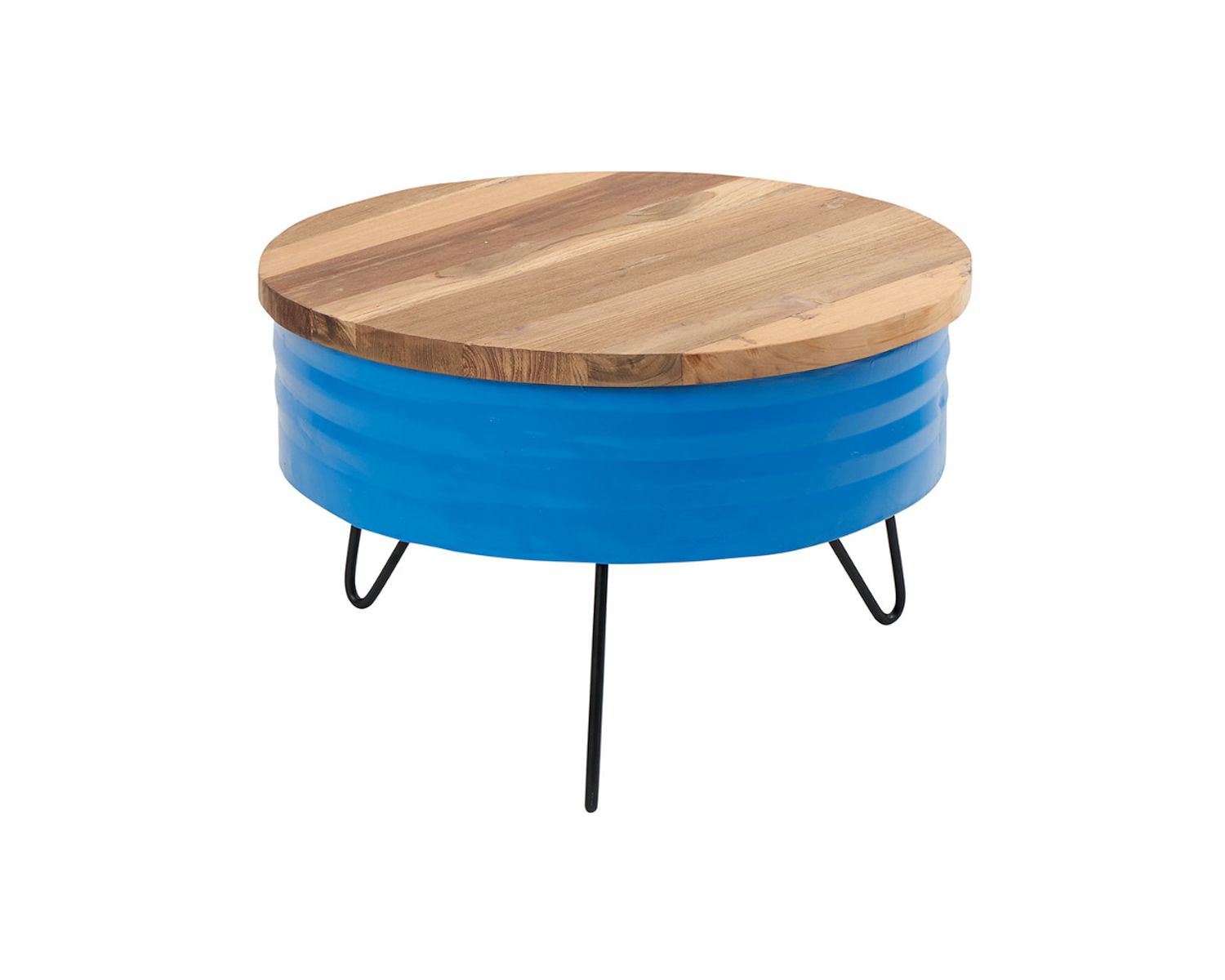 Tavolino industriale rotondo in teak e metallo blu 