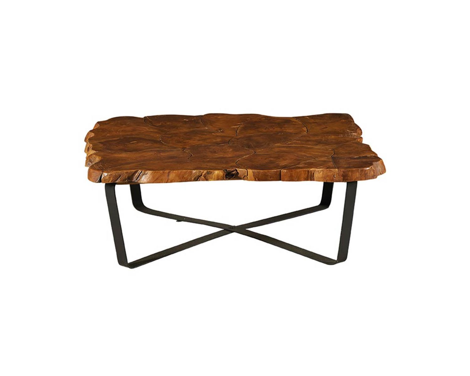 Tavolino quadrato "Palaos" con piano in teak di recupero e gambe in metallo incrociate