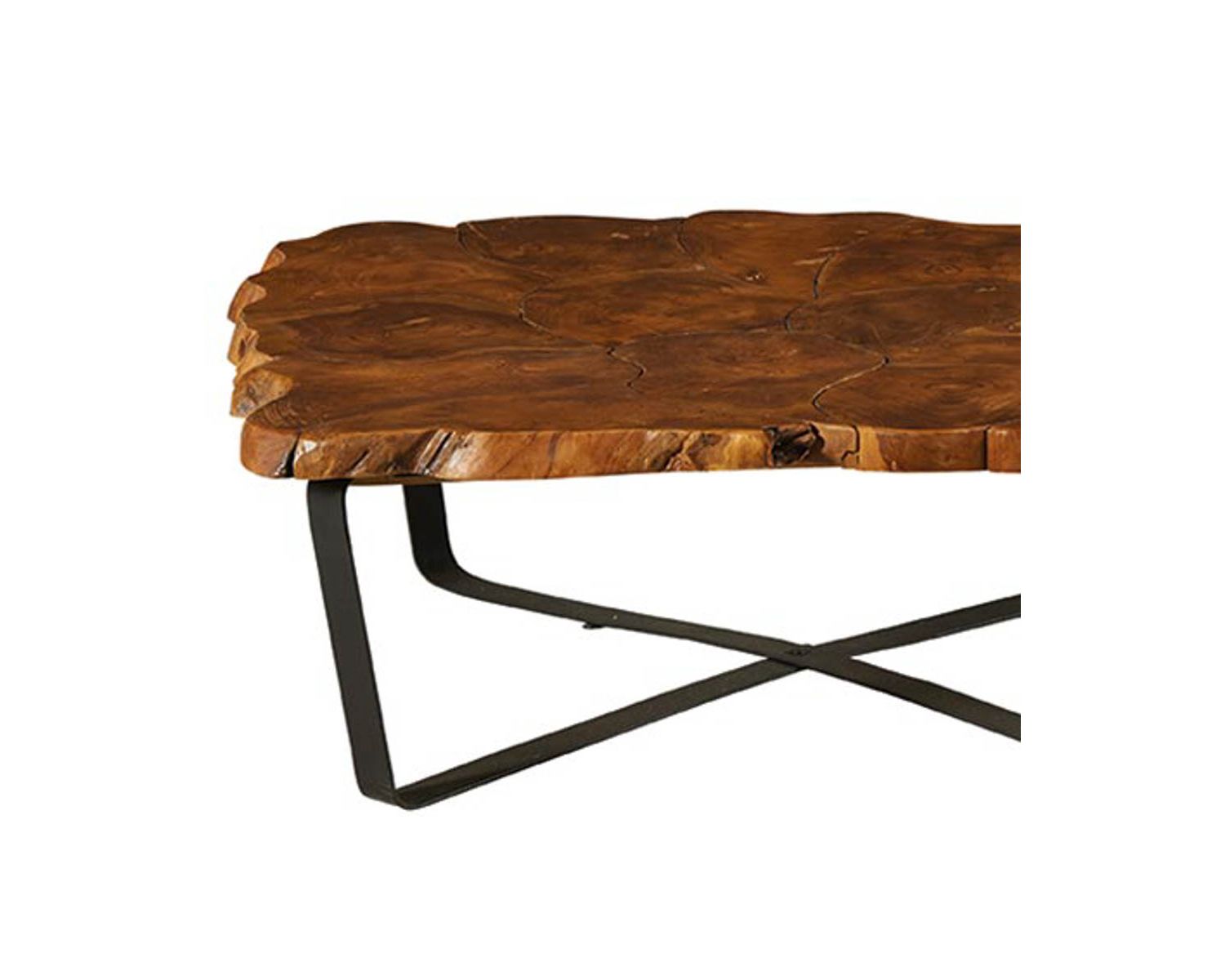 Tavolino quadrato "Palaos" con piano in teak di recupero e gambe in metallo incrociate