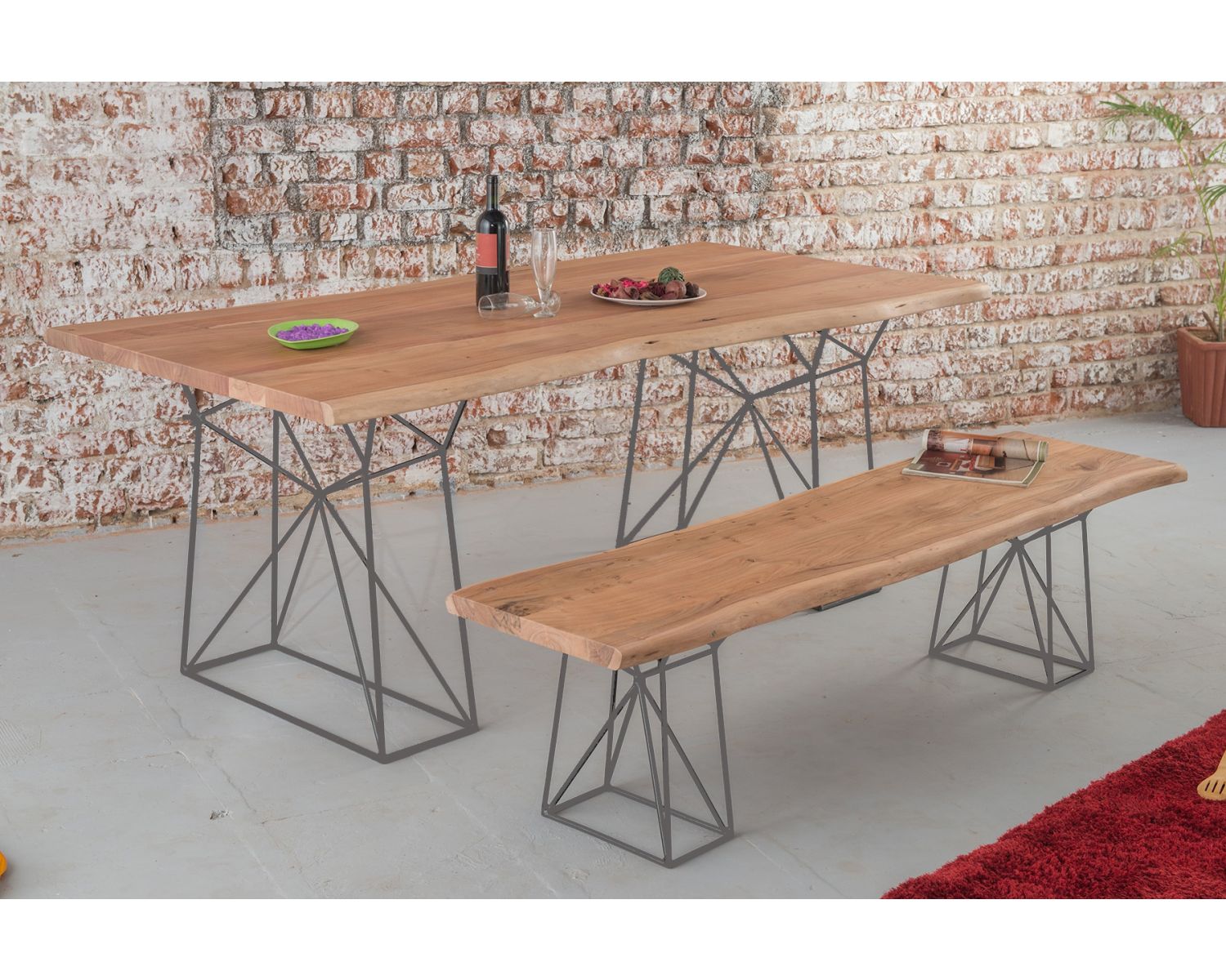 Panca in legno massiccio "Zen" con gambe in metallo grigio