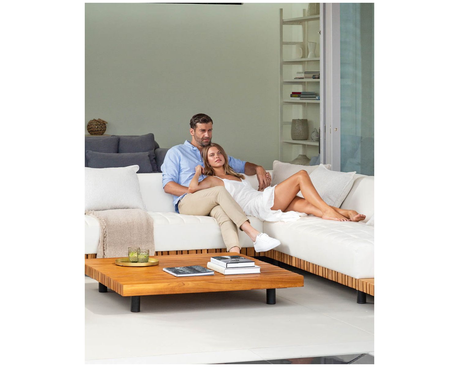 Tavolino quadrato in teak massiccio e alluminio 120 x 120 cm "Lombok