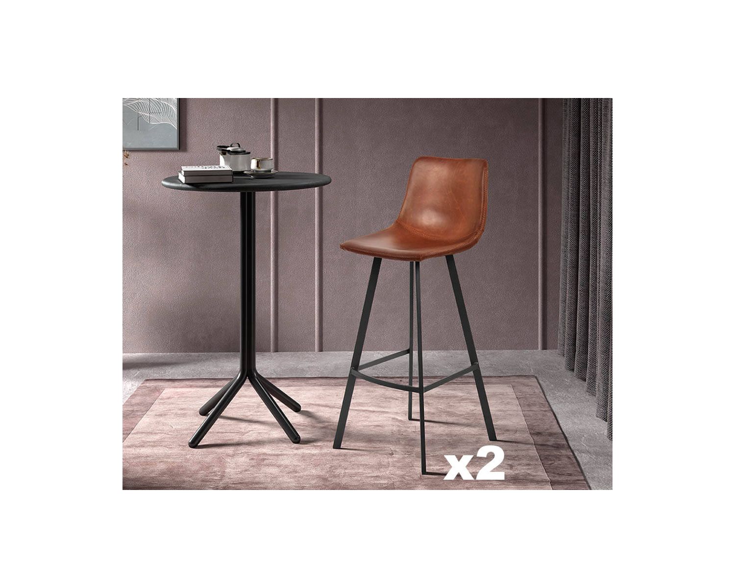 Set di 2 seggioloni "For" in stile factory in PU cognac e metallo nero