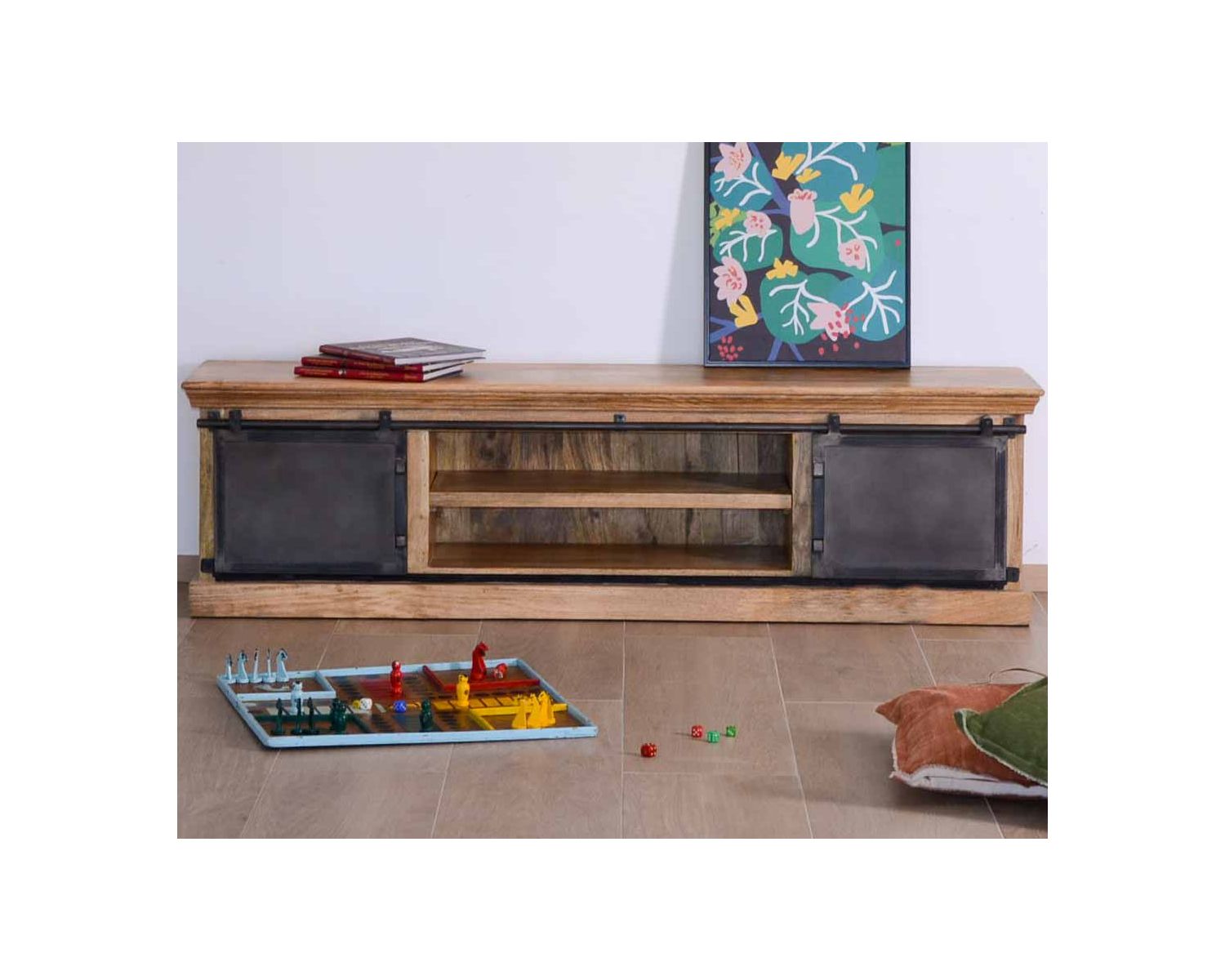 Grande porta TV basso 180 cm in legno massiccio naturale e metallo grigio "Haden