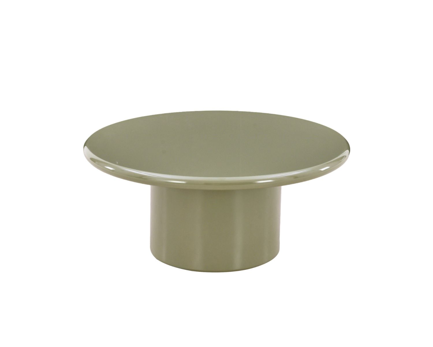 Tavolino rotondo da 80 cm dal design minimalista, laccato verde salvia, modello "Nalya" con base centrale
