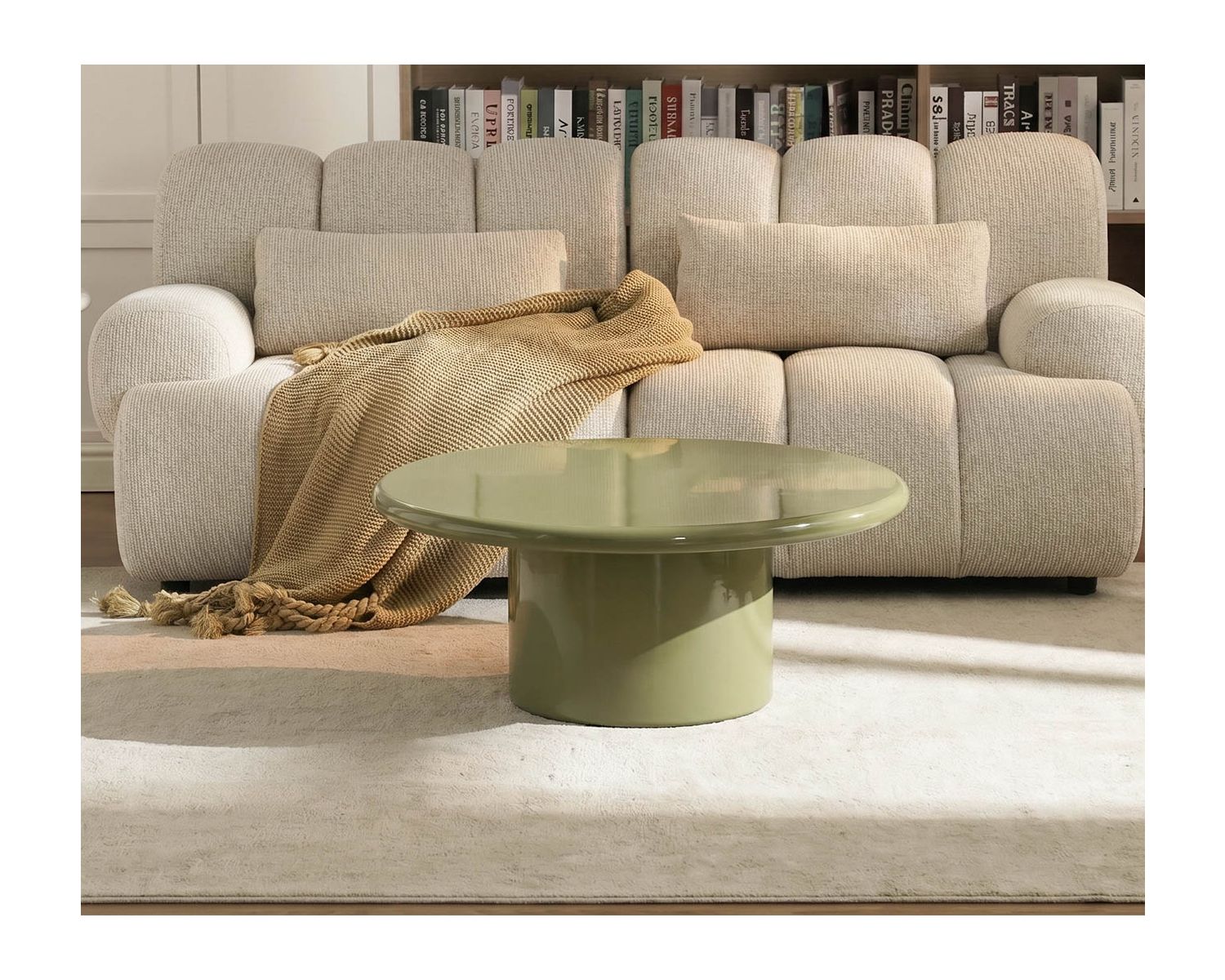 Tavolino rotondo da 80 cm dal design minimalista, laccato verde salvia, modello "Nalya" con base centrale