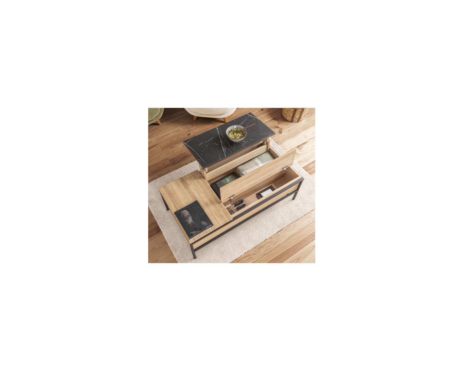 Tavolino con piano multimodulare in rovere sbiancato e decoro di design effetto marmo "Storia"