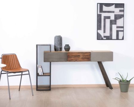 Consolle dal design moderno "Mezzo" con contenitori in legno, metallo e cemento