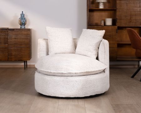 Poltrona girevole rotonda a 360° "CosyPop" in tessuto bouclette bianco screziato