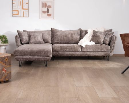 Divano angolare sinistro "Hasting" ultra-confortevole in morbido tessuto di ciniglia grigio cenere