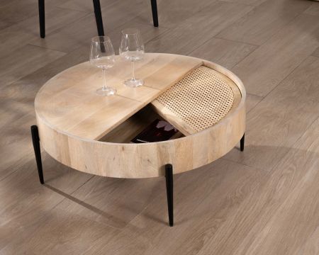 Tavolino rotondo "Loopie" con piano girevole in midollino, diametro 80 cm