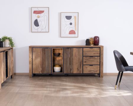 Credenza multigriglia "Enoa" con ripiani in vetro in palissandro e acacia 200 cm 