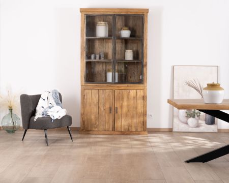 Mobile portavivande contemporaneo "Presolino" da 120 cm in mango con ante in vetro e legno
