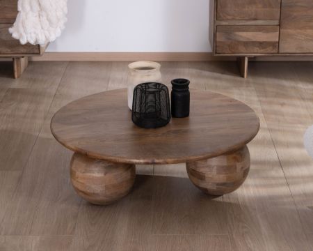 Tavolino rotondo "Oxyma" in legno di mango massiccio, design puro e organico