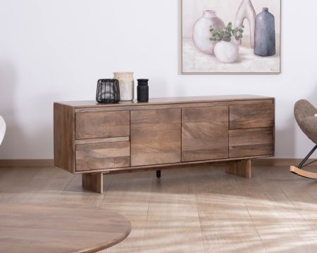 Porta TV Japandi "Geta" da 160 cm in legno massiccio di mango, design ordinato