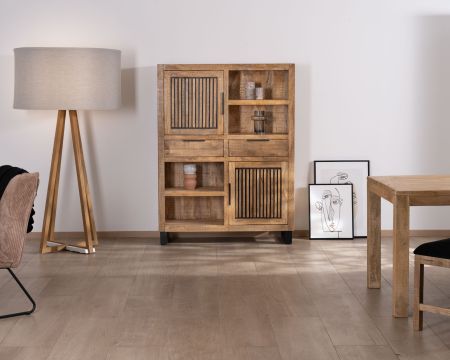 Argentier in legno di mango e gambe in metallo "Manoha" con ante reversibili a righe