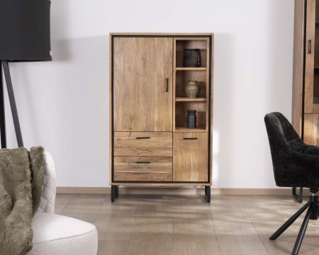 Piccolo mobile per porcellane in acacia di stile industriale "Baltik" con ante, nicchie e cassetti