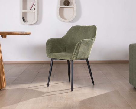 Sedia contemporanea "Scotty" con braccioli in velluto verde kaki e gambe in metallo nero