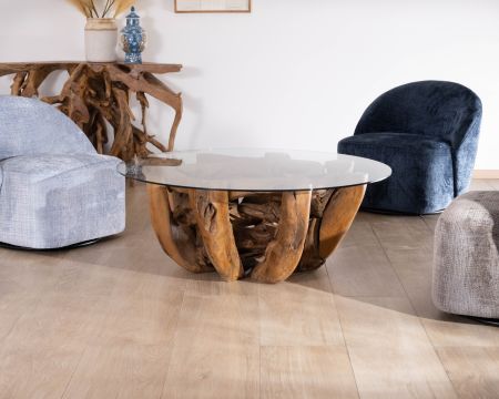 Tavolino rotondo "Kanoa" da 120 cm in legno driftwood e piano in vetro