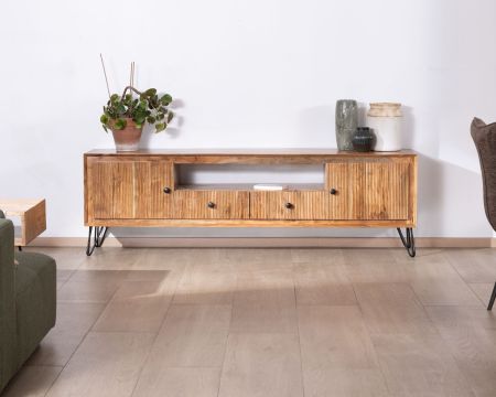 Grande porta TV in acacia da 195 cm con frontali in rilievo e gambe in metallo "Wendy"