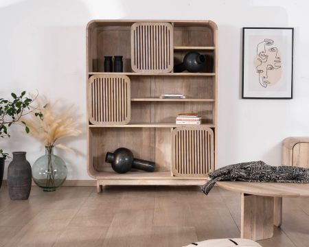 Libreria "Jappy" in puro legno di mango con ante scorrevoli traforate