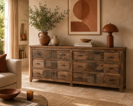 Cassettiera bassa "nepalese" di 195 cm in legno di recupero con 6 cassetti