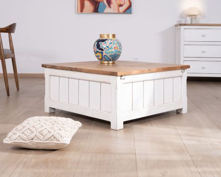Tavolino con piano scorrevole in acacia bianca "Equinoxe" e piano naturale