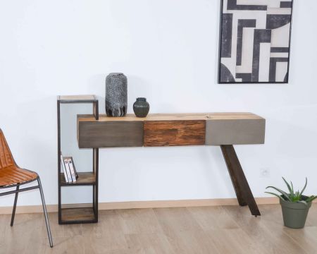 Consolle dal design moderno "Mezzo" con contenitori in legno, metallo e cemento
