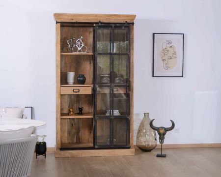 Libreria in stile manifatturiero "Haden" in legno di mango, metallo e vetro